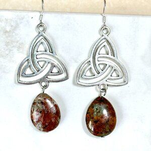 2/$20, Genuine Earthy Brecciated Jasper Triqueta Sterling Silver Dangle Earrings